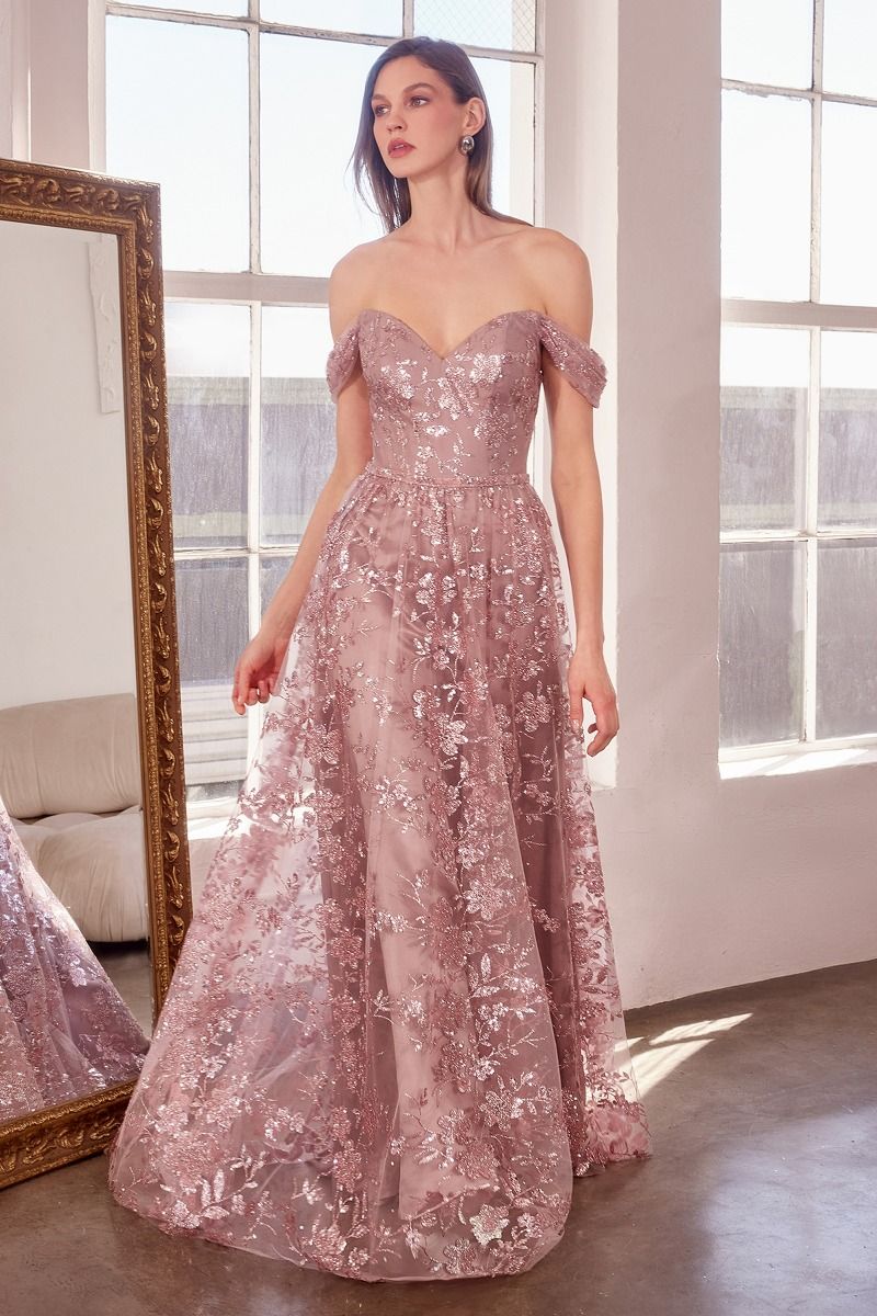 Floral Sequin Off-the-Shoulder Ball Gown - Deep V Formal Prom & Wedding Guest Dress