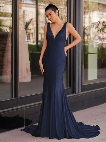 Striking Red Mermaid Plunging V-Neck Sleeveless Beaded Train Prom Gown
