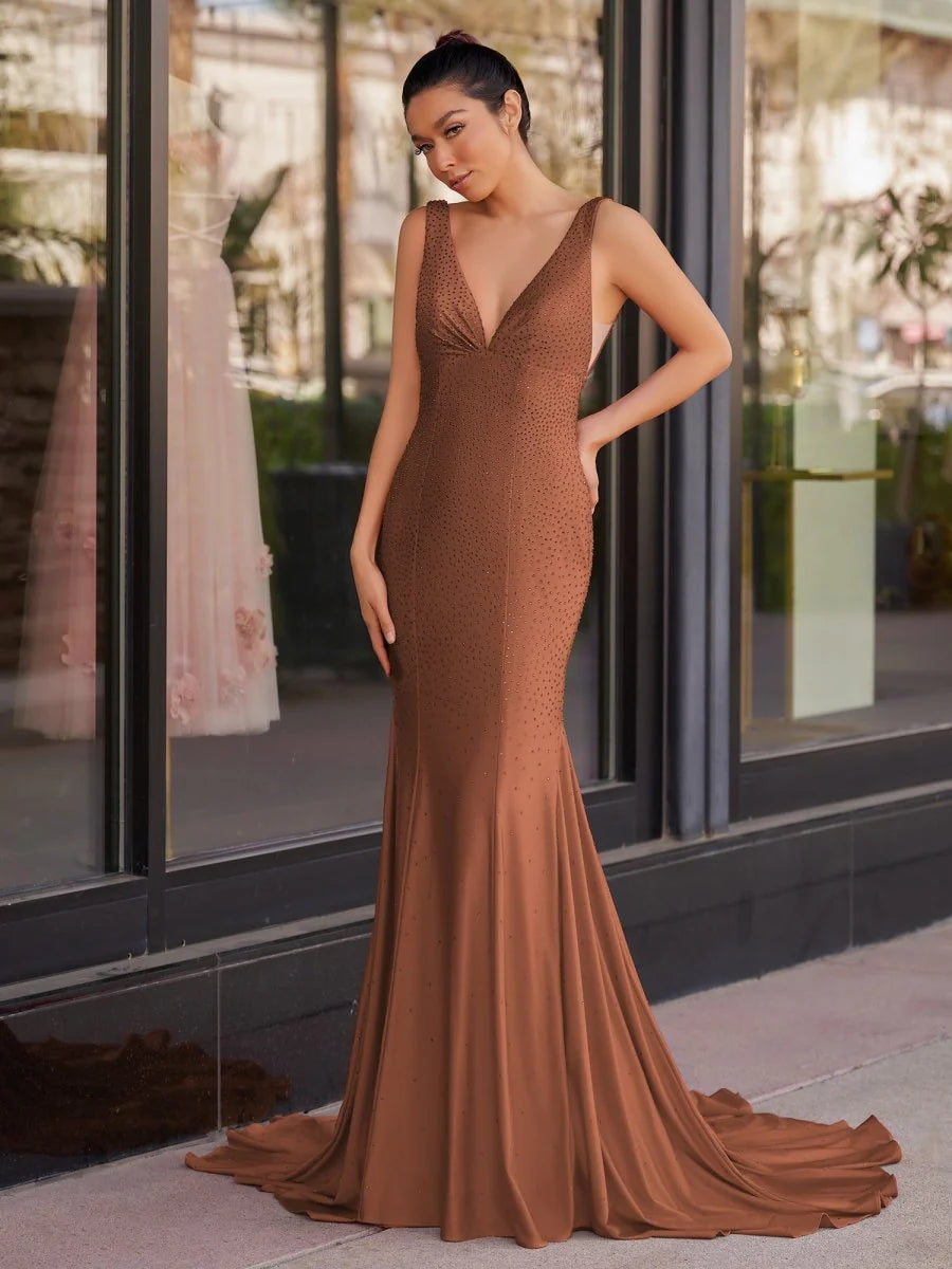 Deep V-Neck Beaded Mermaid Maxi Dress with Open Back & Sweeping Train