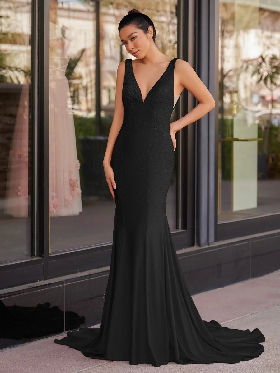 Deep V-Neck Beaded Mermaid Maxi Dress with Open Back & Sweeping Train