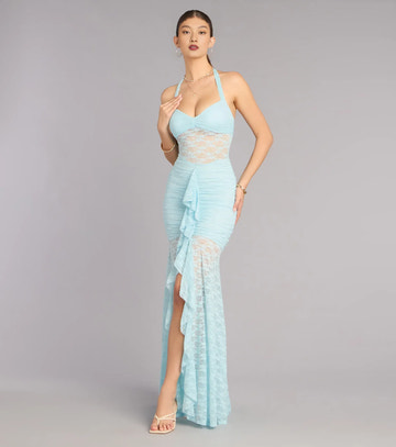 Lace Mermaid Formal Dress Halter Neck Sleeveless Open Back Slit Floor Length Evening Gown