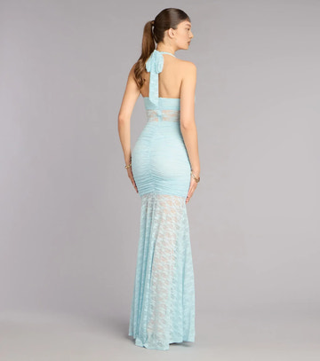 Lace Mermaid Formal Dress Halter Neck Sleeveless Open Back Slit Floor Length Evening Gown