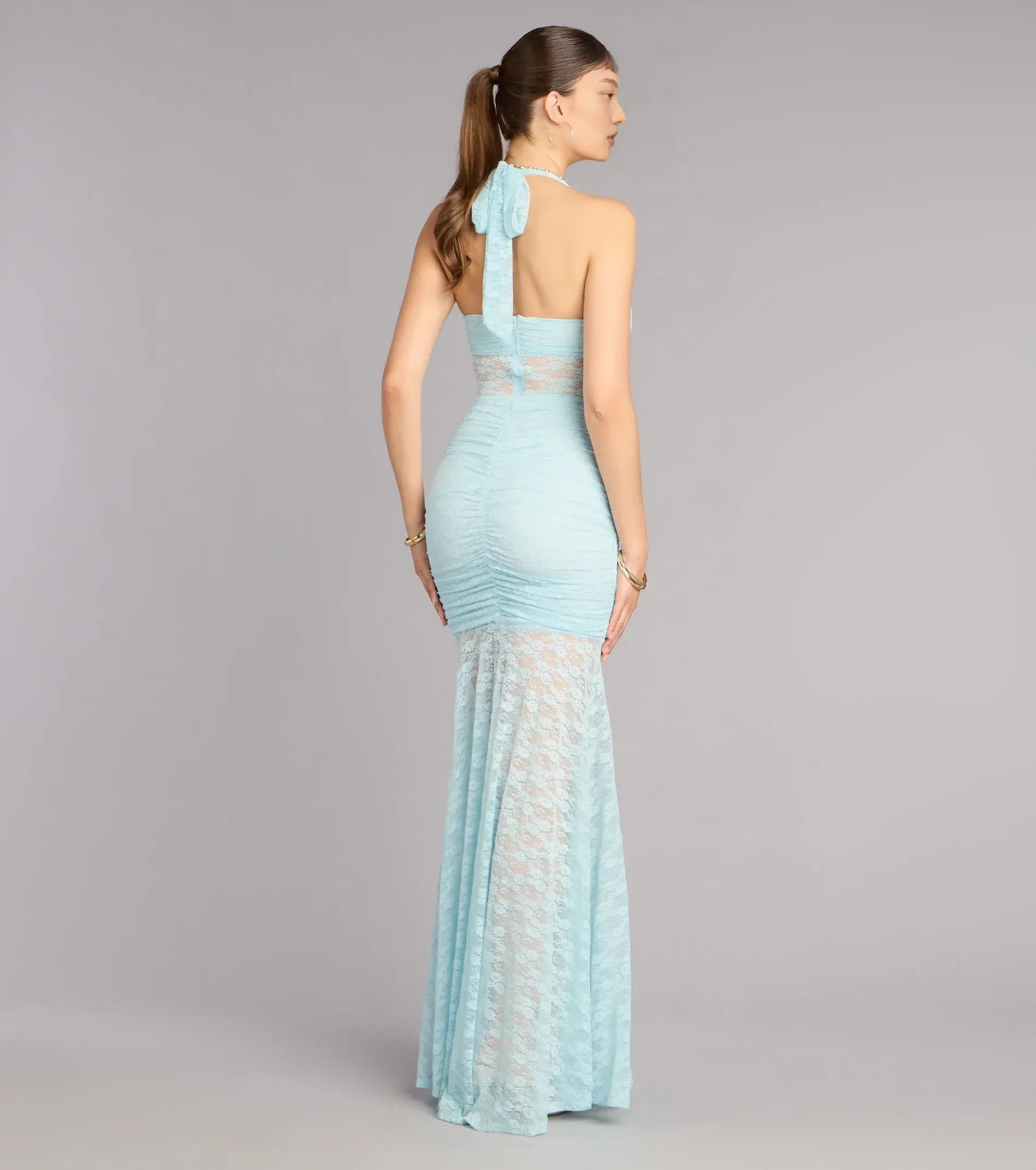 Lace Mermaid Formal Dress Halter Neck Sleeveless Open Back Slit Floor Length Evening Gown