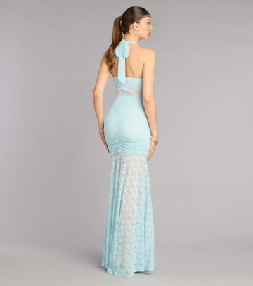 Lace Mermaid Formal Dress Halter Neck Sleeveless Open Back Slit Floor Length Evening Gown