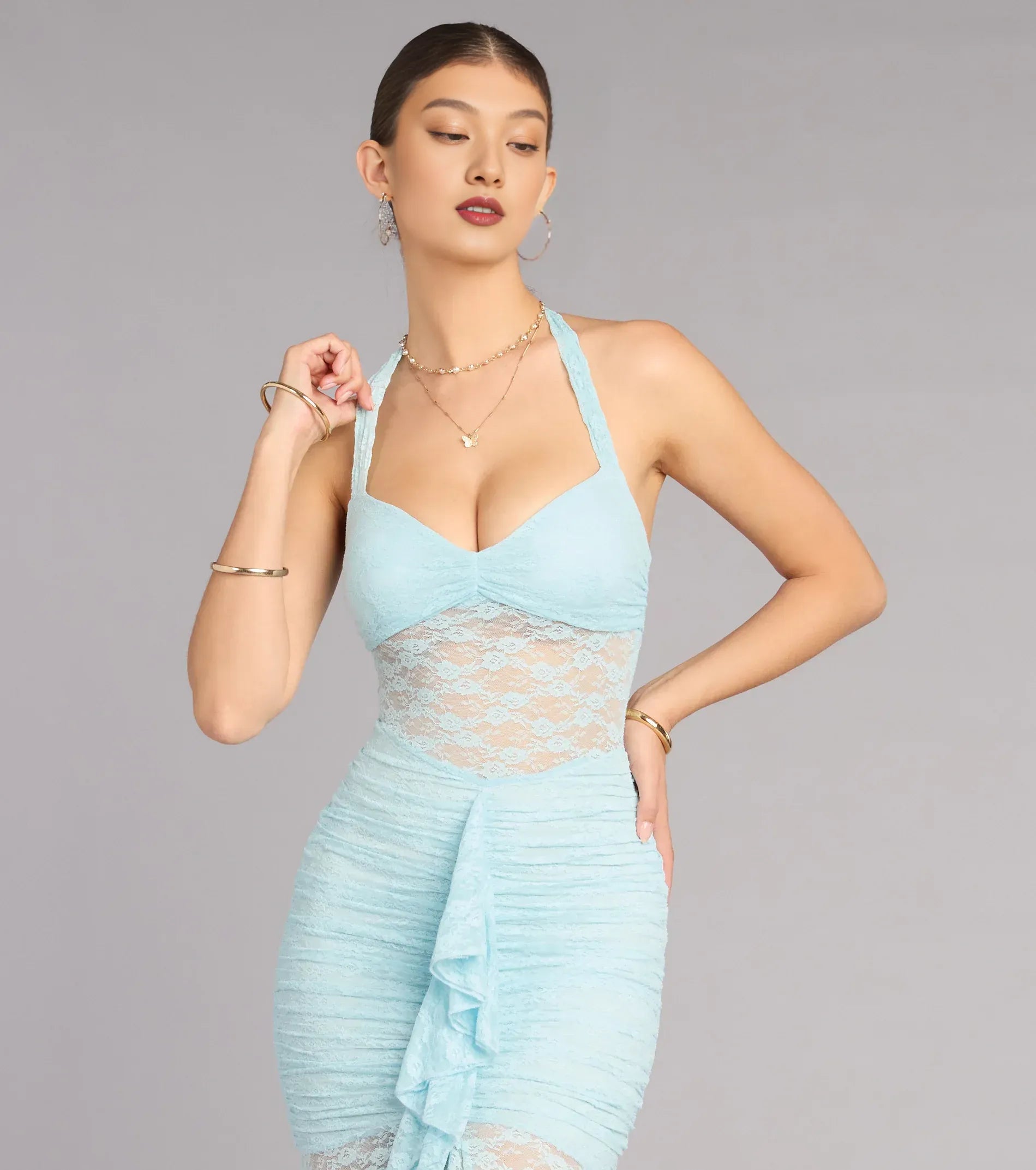 Lace Mermaid Formal Dress Halter Neck Sleeveless Open Back Slit Floor Length Evening Gown
