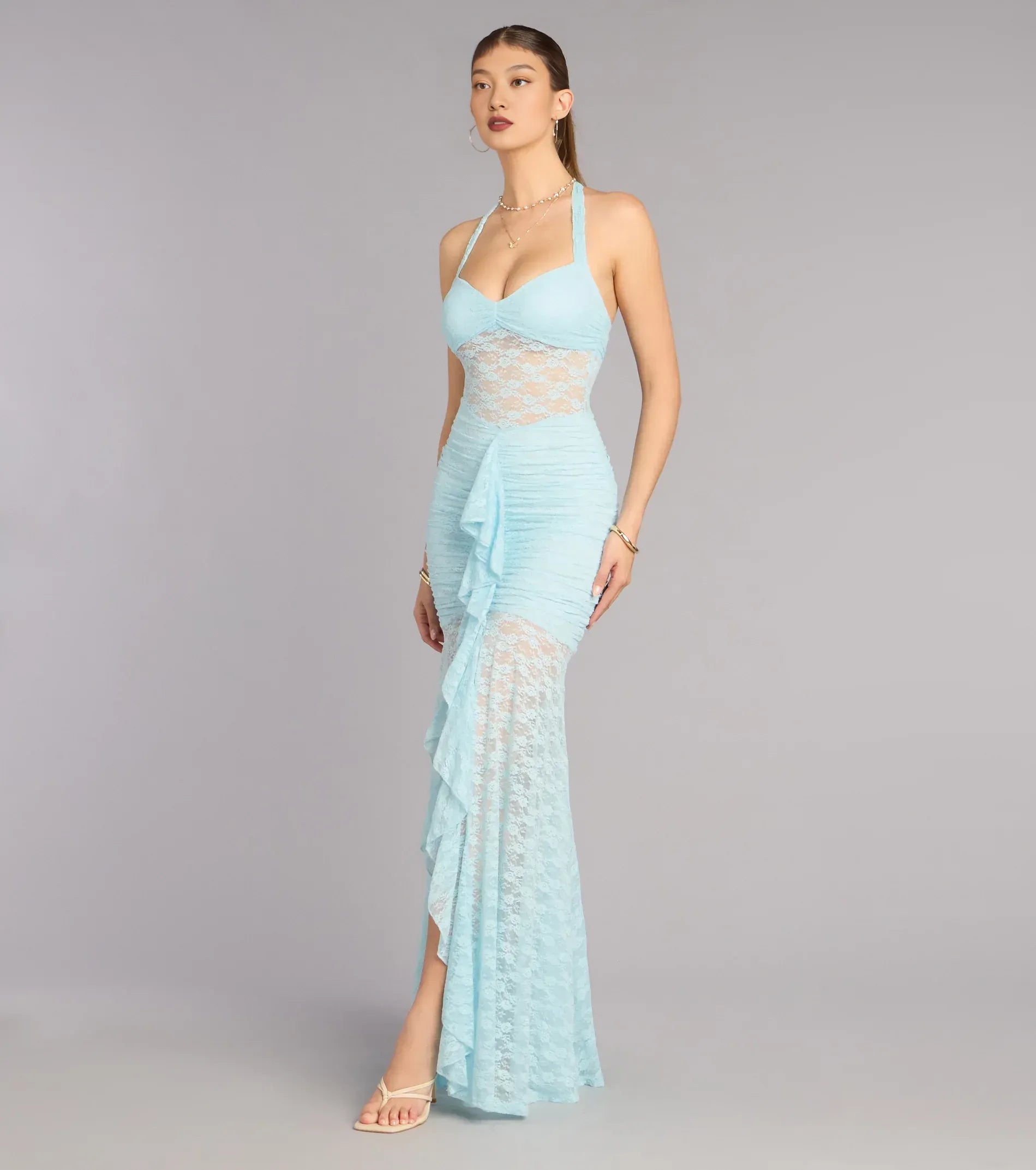 Lace Mermaid Formal Dress Halter Neck Sleeveless Open Back Slit Floor Length Evening Gown