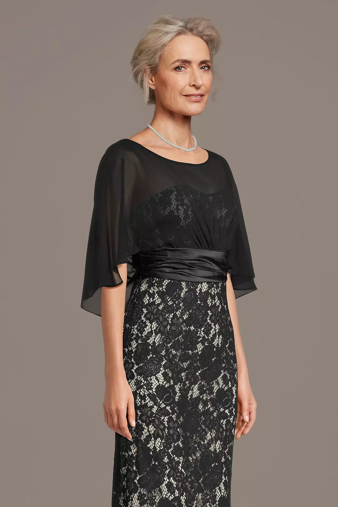 Mermaid Lace Illusion Neck Cape Sleeve Maxi Gown Floor Length Mother of the Bride Dress