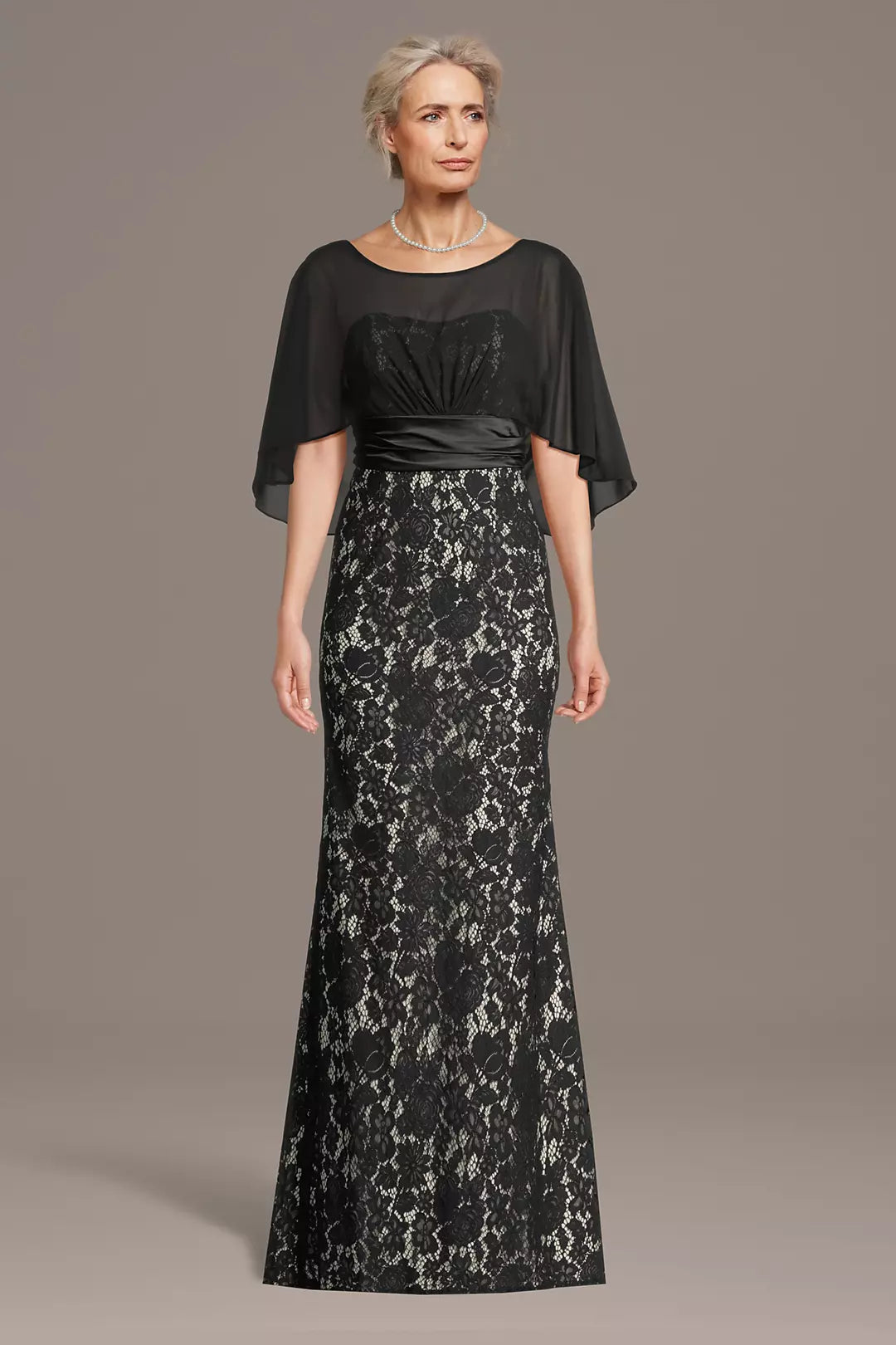 Mermaid Lace Illusion Neck Cape Sleeve Maxi Gown Floor Length Mother of the Bride Dress