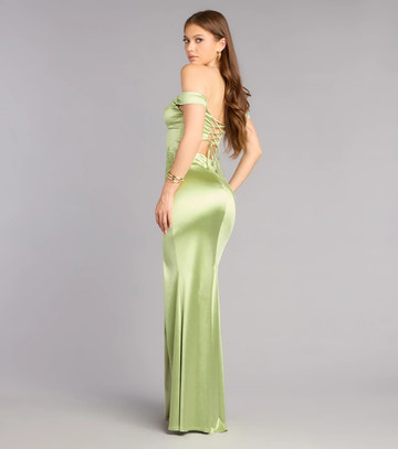 Elegante vestido de fiesta de satén con apliques de encaje de sirena con hombros descubiertos