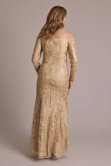 Off-the-Shoulder Sequin Lace Long Sleeves Gown Floor Length Mother of the Bride Dress