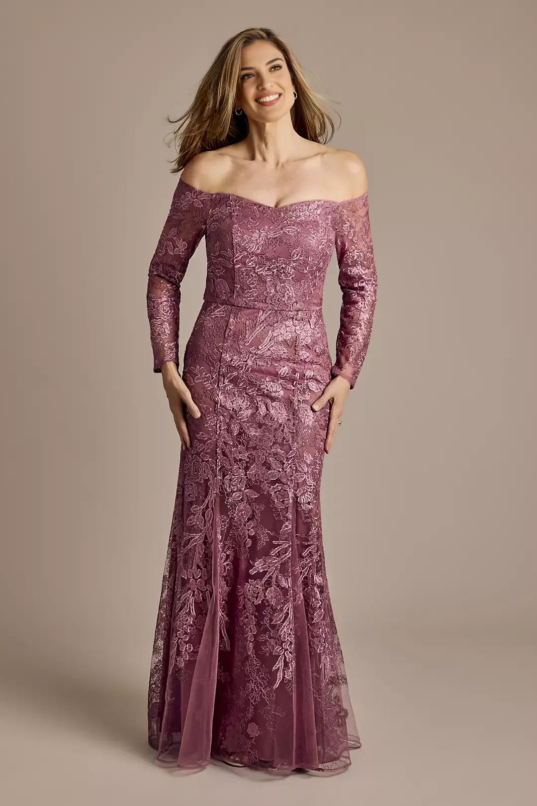 Off-the-Shoulder Sequin Lace Long Sleeves Gown Floor Length Mother of the Bride Dress