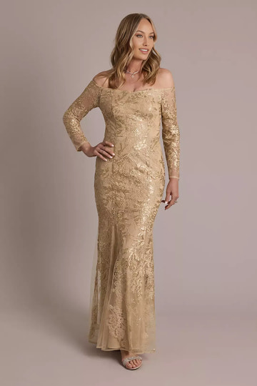 Off-the-Shoulder Sequin Lace Long Sleeves Gown Floor Length Mother of the Bride Dress