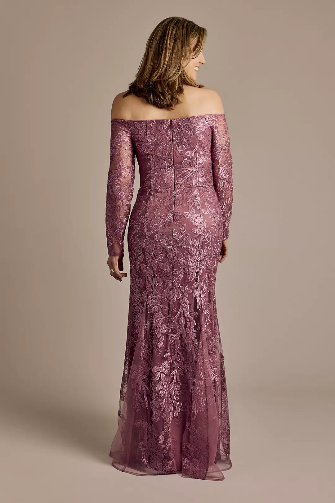 Off-the-Shoulder Sequin Lace Long Sleeves Gown Floor Length Mother of the Bride Dress