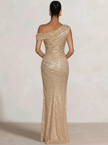 Vestidos de noche de sirena glamorosos con un solo hombro adornados con pedrería y fruncidos