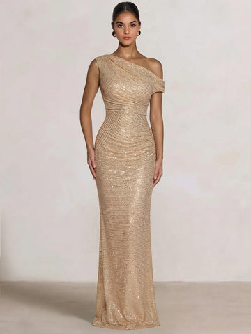 Glamorous Mermaid One-Shoulder Embellished with Rhinestones Ruched Gown Evening Dresses