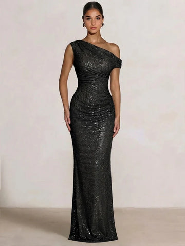 Glamorous Mermaid One-Shoulder Embellished with Rhinestones Ruched Gown Evening Dresses