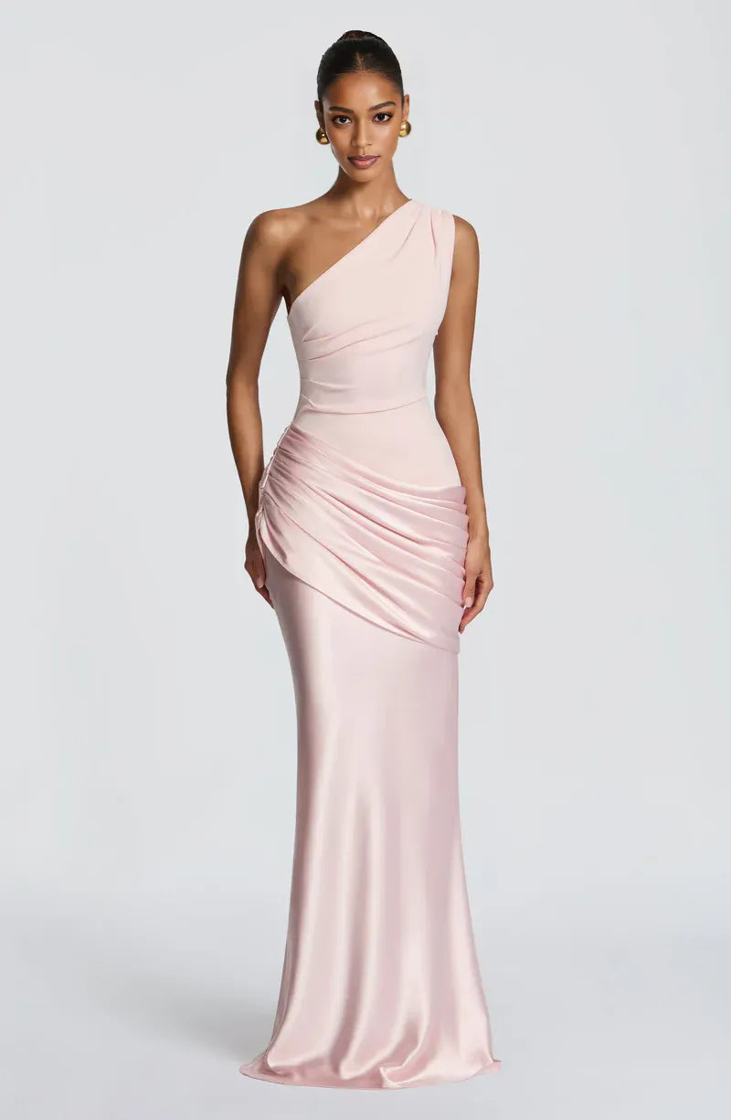 Mermaid One Shoulder Sleek Satin Maxi Ruched Evening Dress