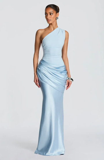 Vestido de Noche Maxi Sirena de Satén Liso con un Solo Hombro y Fruncido