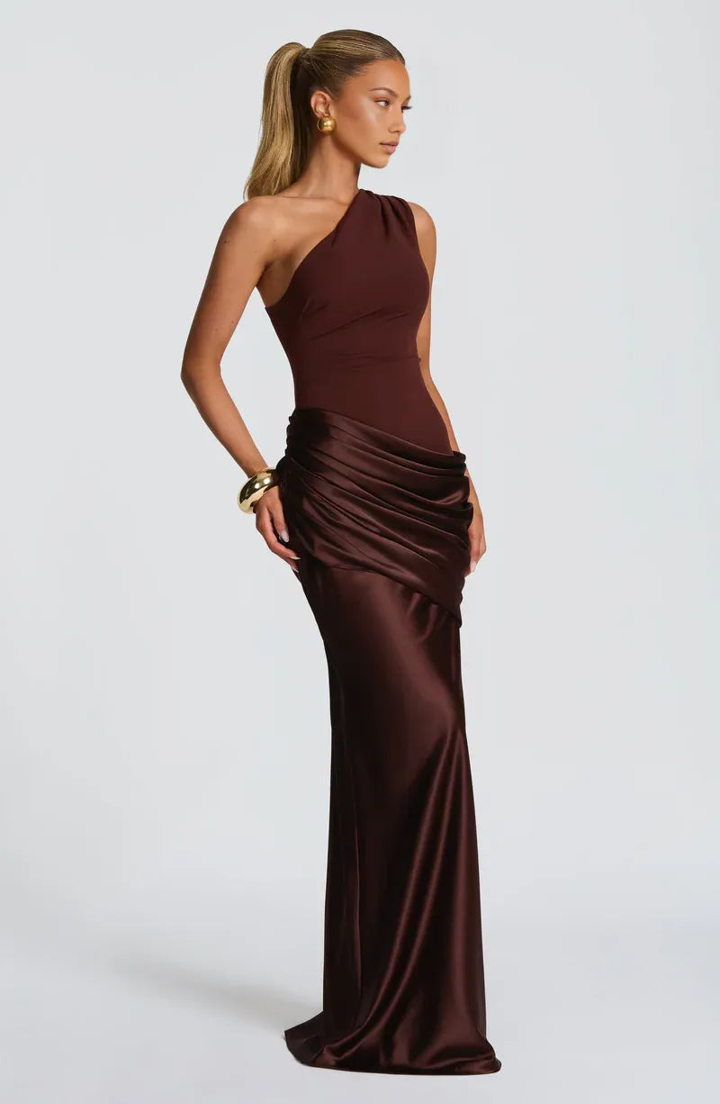 Mermaid One Shoulder Sleek Satin Maxi Ruched Evening Dress