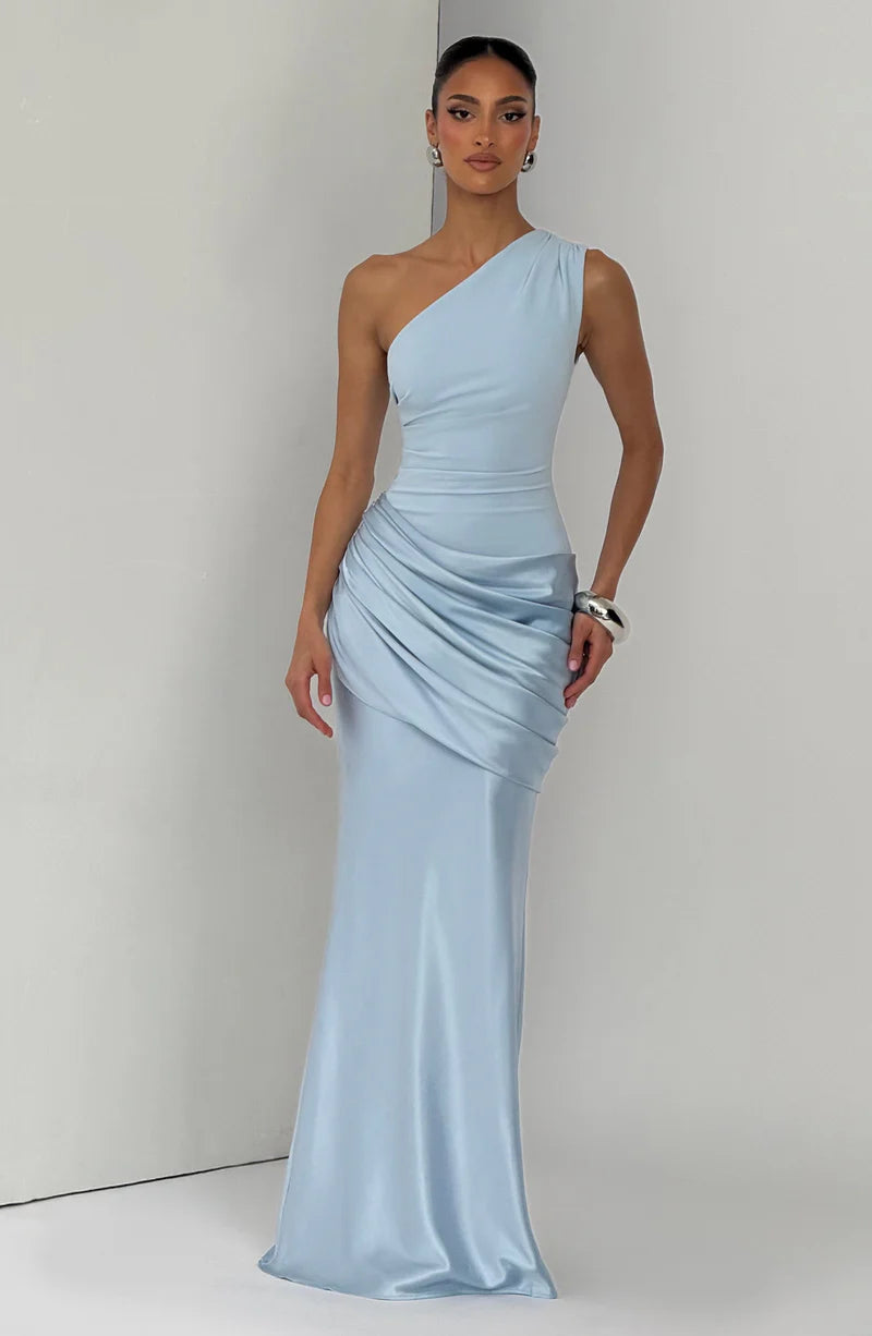 Mermaid One Shoulder Sleek Satin Maxi Ruched Evening Dress