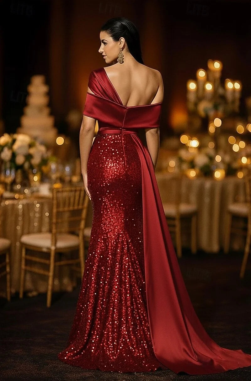 Glamorous Mermaid One-Shoulder Sequin Satin Formal Evening Gown With Train