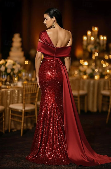 Glamorous Mermaid One-Shoulder Sequin Satin Formal Evening Gown With Train