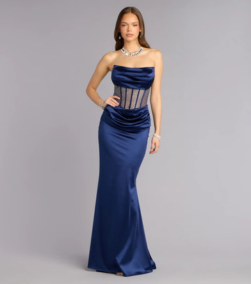 Vestido de gala formal de satén sirena sin tirantes con corsé de pedrería