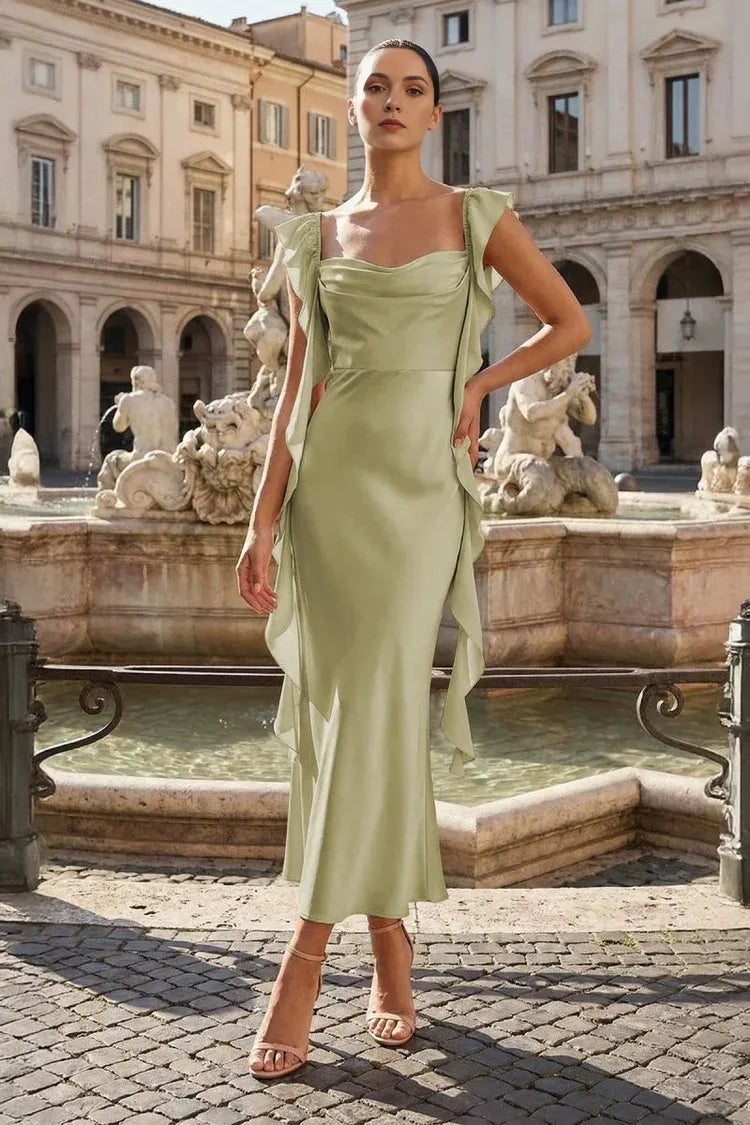 Elegant Midi Cowl Neck Ruffle Lace Up Satin Formal Prom Dress
