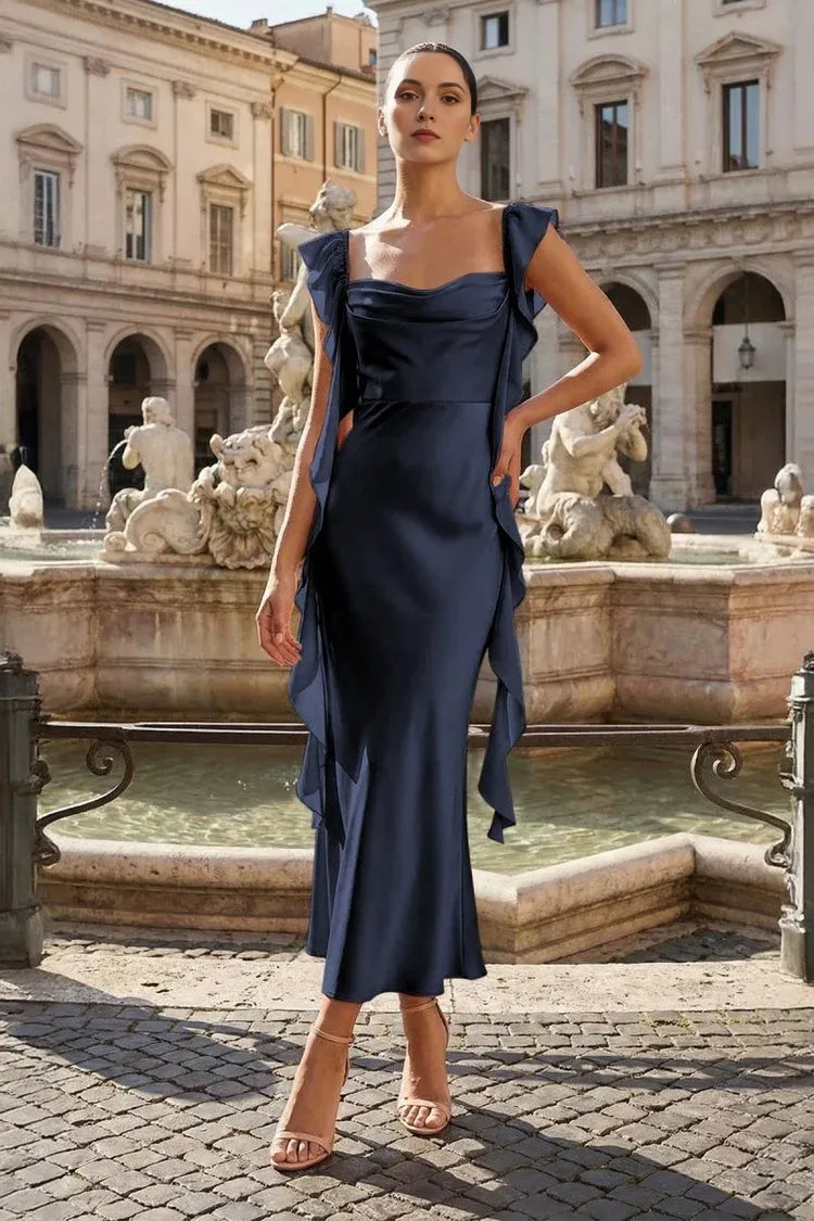 Elegant Midi Cowl Neck Ruffle Lace Up Satin Formal Prom Dress