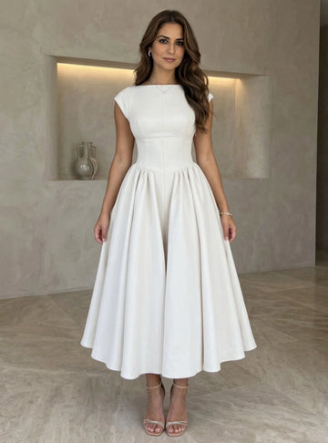 Vedress ivory a‑line midi wedding guest dress,boat neck,cap short sleeve,pleated swing skirt