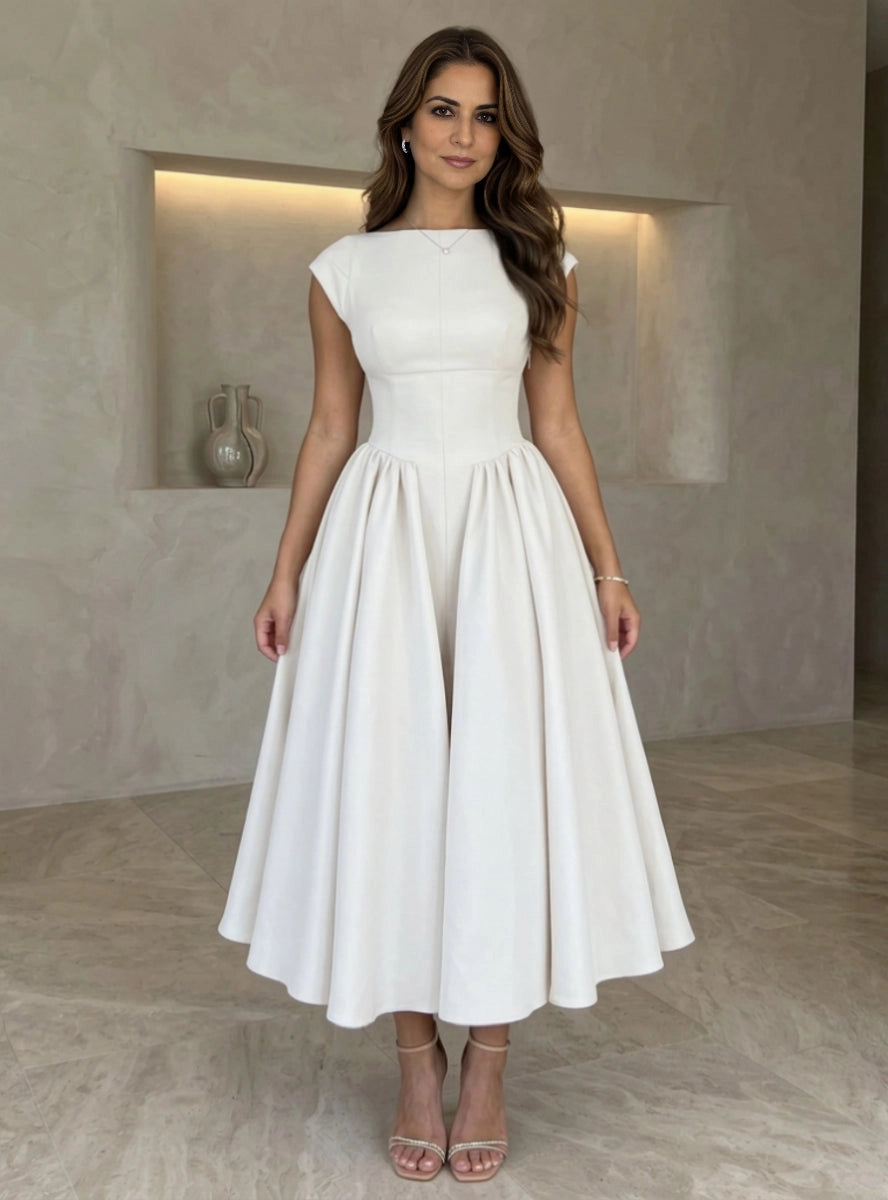 Vedress ivory a‑line midi wedding guest dress,boat neck,cap short sleeve,pleated swing skirt