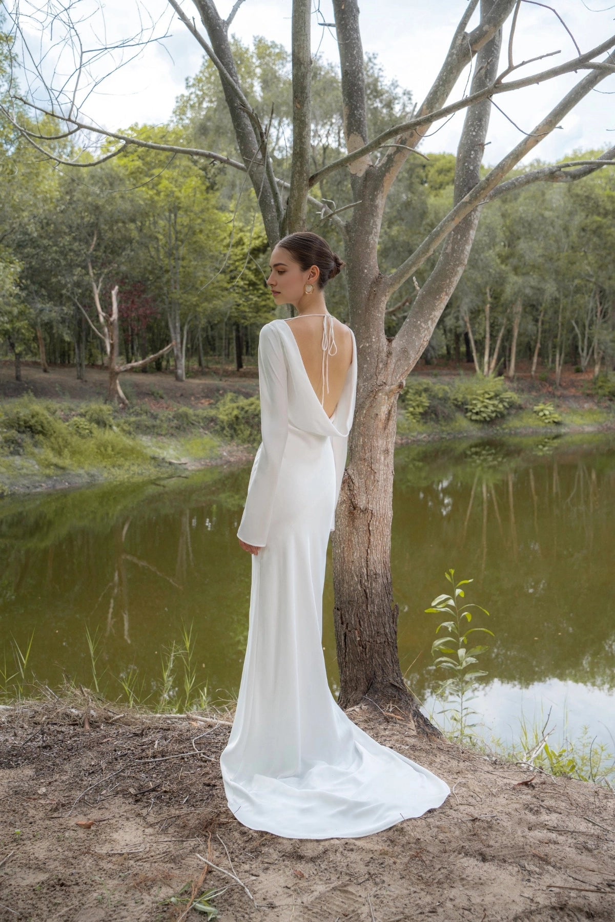 Back view of Vedress cowl open‑back tie‑up satin bridal gown long sleeve wedding dress