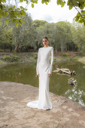Vedress minimalist satin mermaid wedding dress bateau neck long sleeves for lakeside outdoor wedding