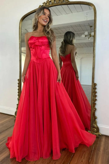 Dreamy Ball Gown Straight Neck Strapless Corset Back Floor-Length Prom Dress
