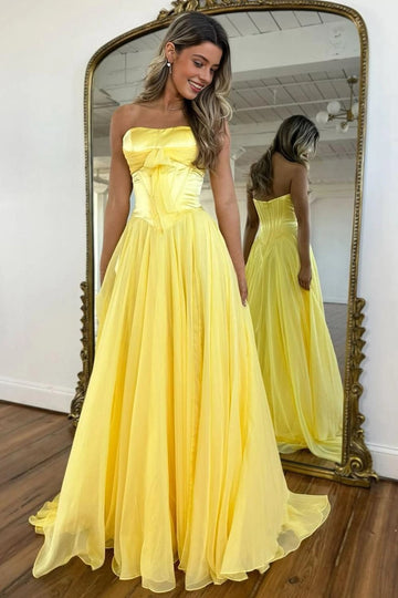 Dreamy Ball Gown Straight Neck Strapless Corset Back Floor-Length Prom Dress