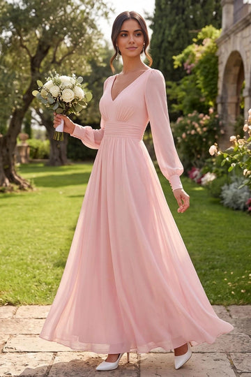 Romantic A Line V Neck Long Sleeve Zipper Back Bridesmaid Dress