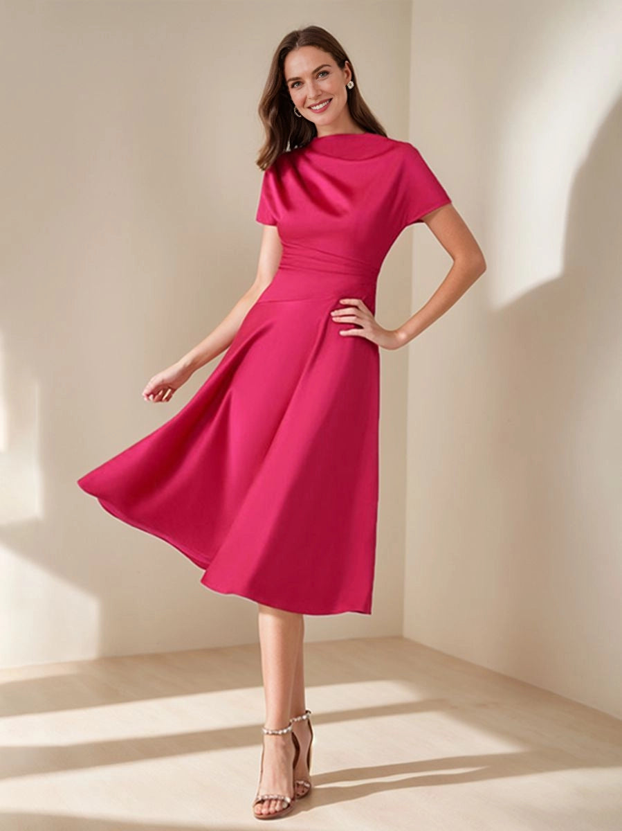 Vedress fuchsia satin mother of the bride dress,cowl neck,short sleeve,a‑line midi gown