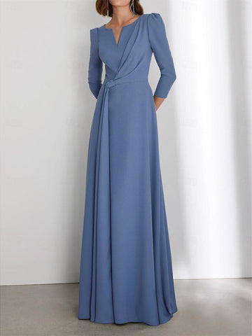 Vedress dusty blue mother of the bride dress,notched v neck,3/4 puff sleeve,waist sash drape,side pockets long gown