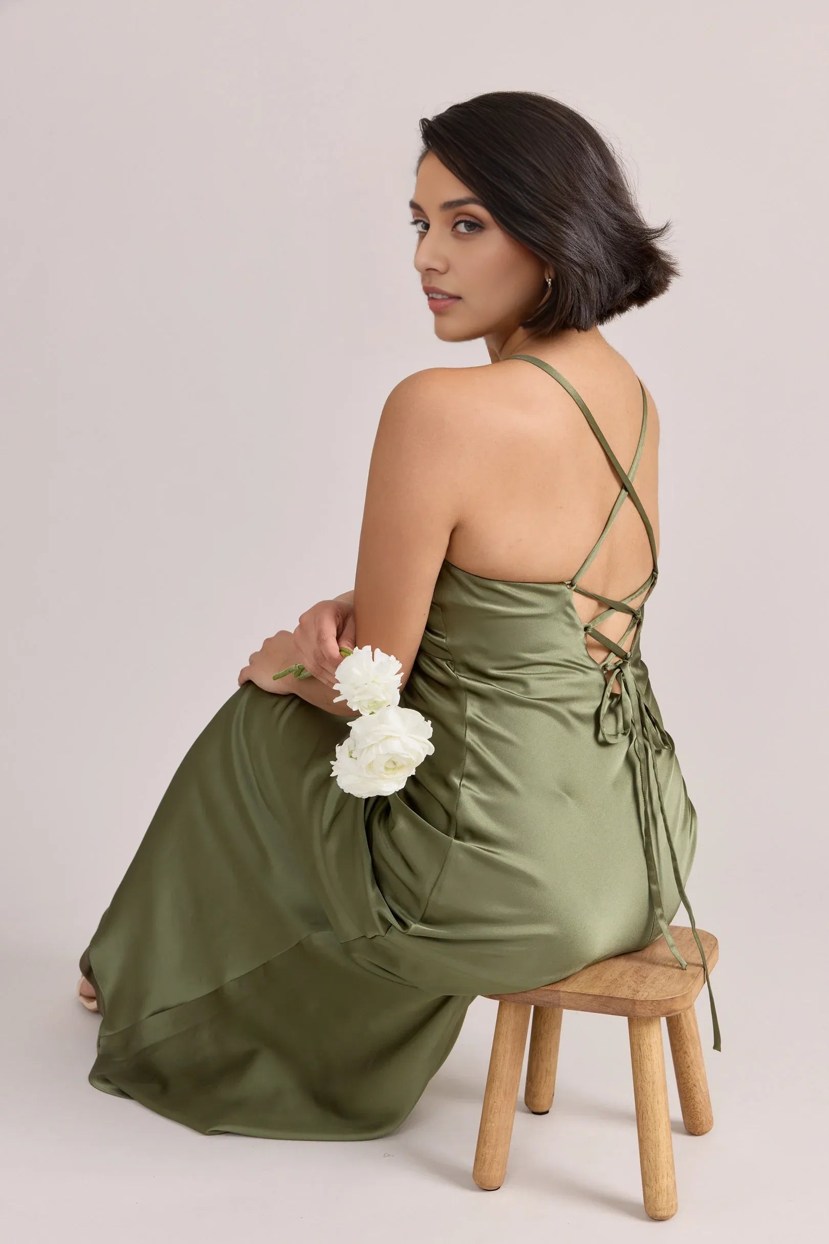 Elegant Column Spaghetti Strap V-Neck Satin Crisscross Lace-Up Back Maxi Bridesmaid Dress