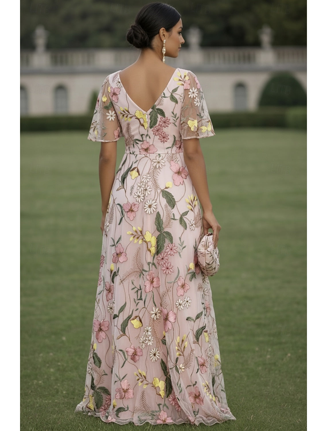 V-Neck Short Flutter Sleeve Floral Embroidered Tulle A-Line Floor-Length Evening Dress