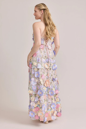 Whimsical A-Line Strapless Sleeveless Pastel 3D Multi-Color Floral Tiered Tulle Prom Gown