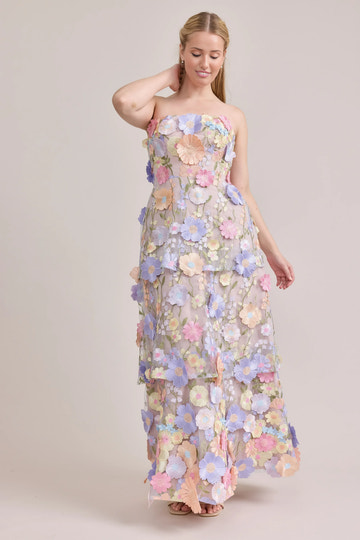 Whimsical A-Line Strapless Sleeveless Pastel 3D Multi-Color Floral Tiered Tulle Prom Gown