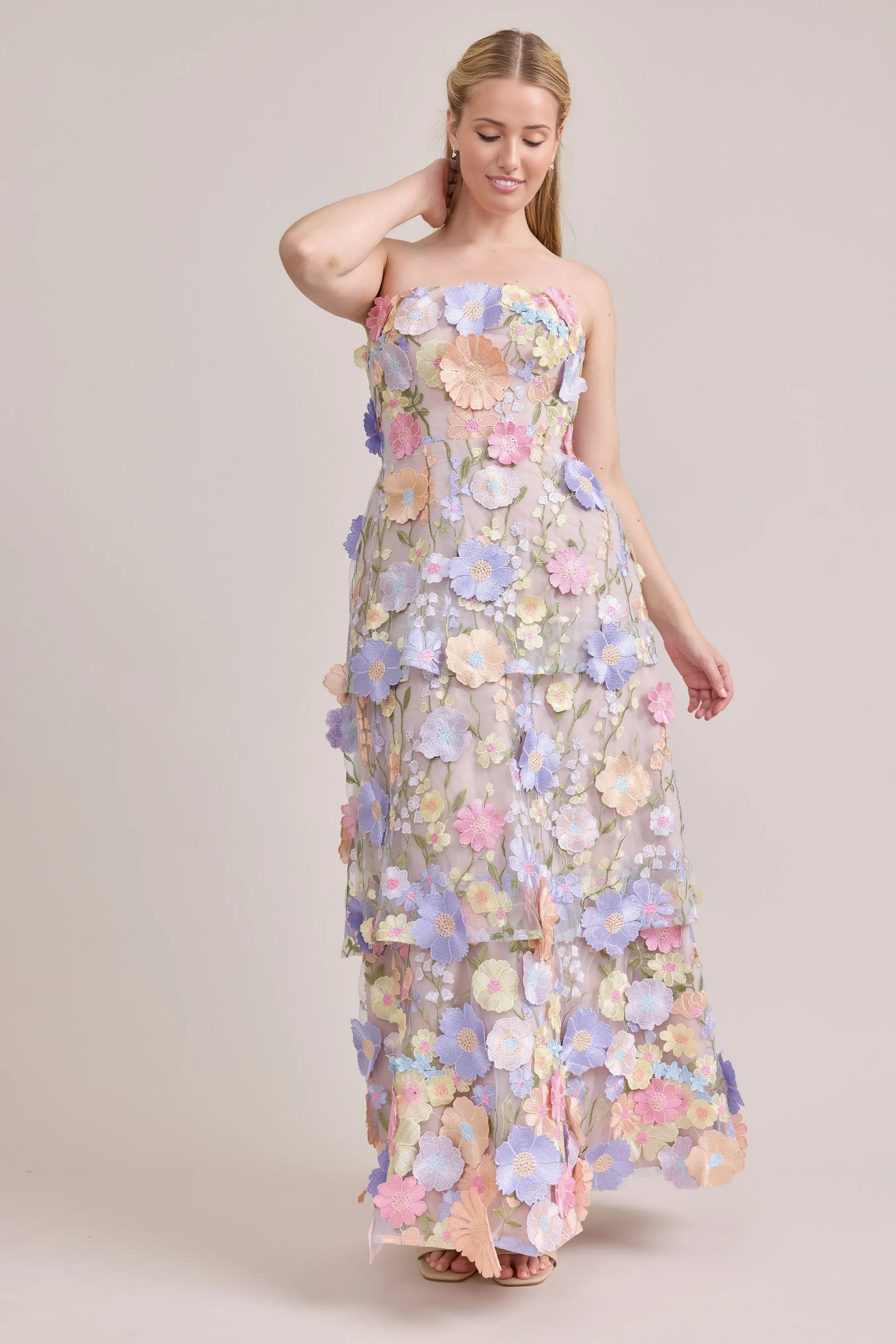 Whimsical A-Line Strapless Sleeveless Pastel 3D Multi-Color Floral Tiered Tulle Prom Gown