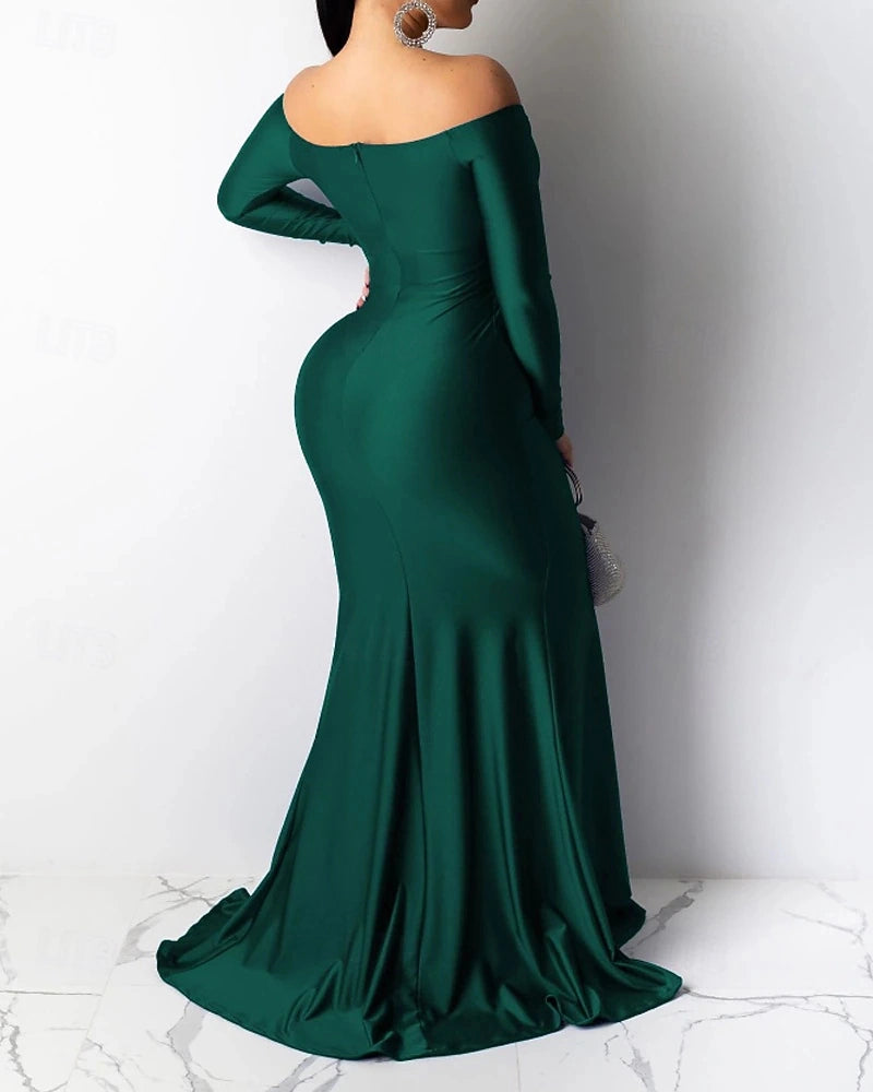 Satin Mermaid Off Shoulder Long Sleeve Zip Back Train Prom Dress