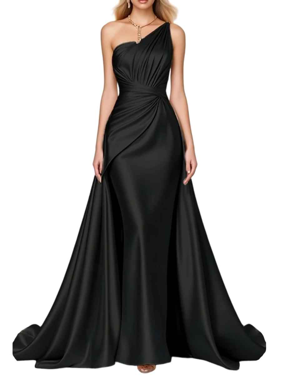 Vestido de noche de gala maxi de satén con cola, drapeado fruncido asimétrico de un hombro tipo sirena