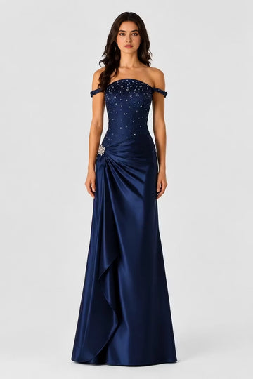 Navy off-shoulder wedding guest dress with embellished bodice jeweled waist and floor-length A-line skirt by Vedress