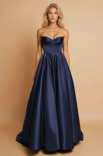 Elegante vestido de fiesta largo de raso con escote corazón, sin tirantes y con cordones en la espalda, tipo corsé
