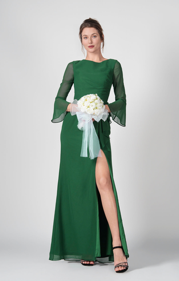 Elegant Sheath Boat Neck Bell Sleeve Open Back Floor-Length Bridesmaid Gown Formal Wedding Guest Dresses