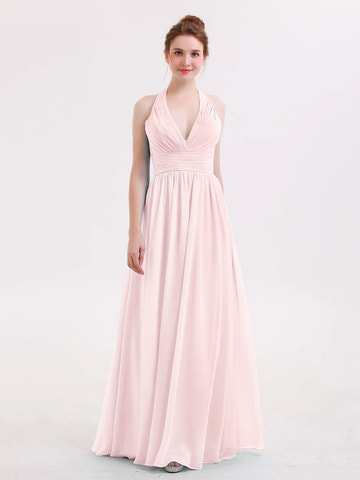 Halter Deep V-Neck Ruched Chiffon A-Line Bridesmaid Maxi Dress