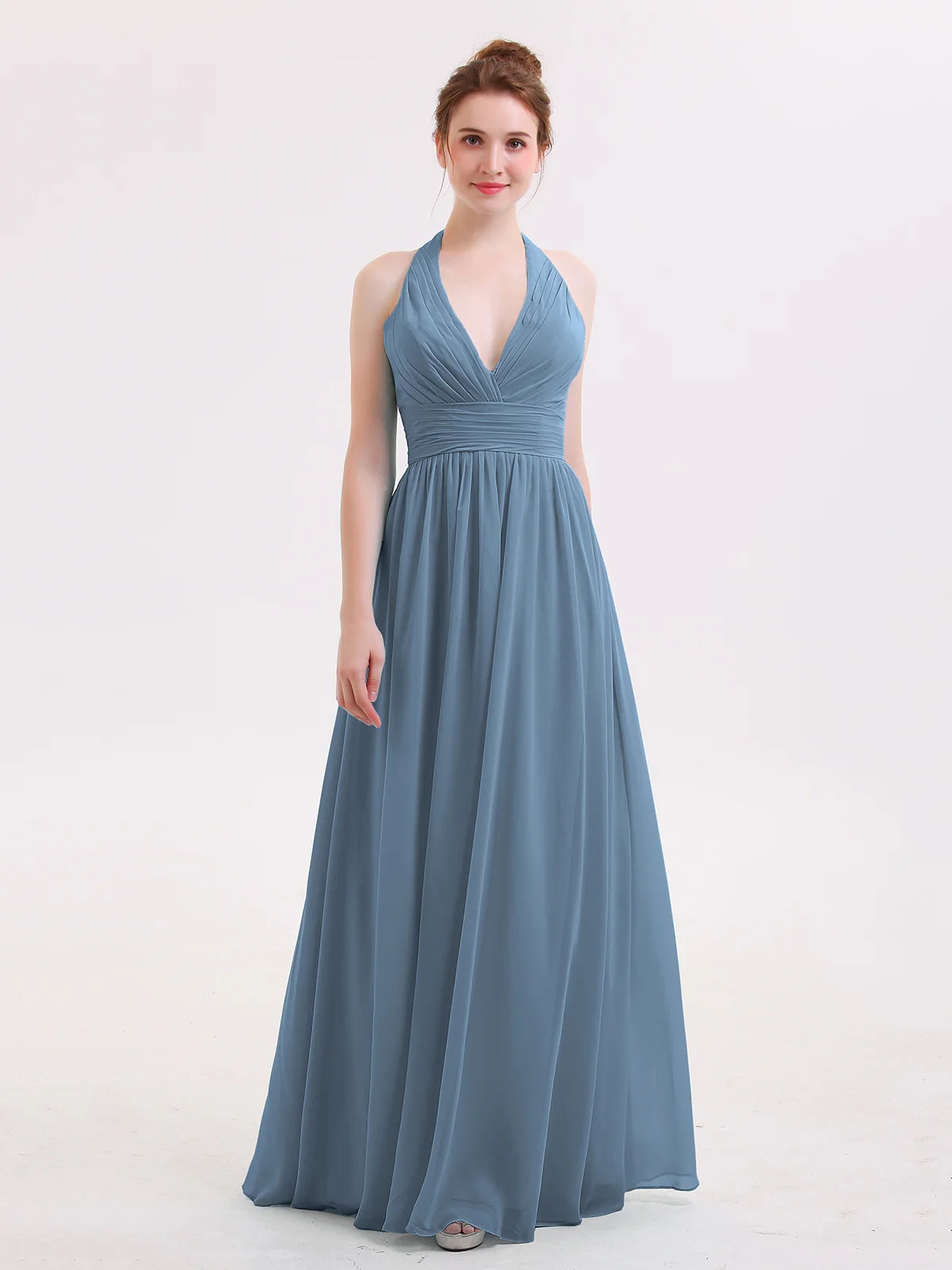 Halter Deep V-Neck Ruched Chiffon A-Line Bridesmaid Maxi Dress